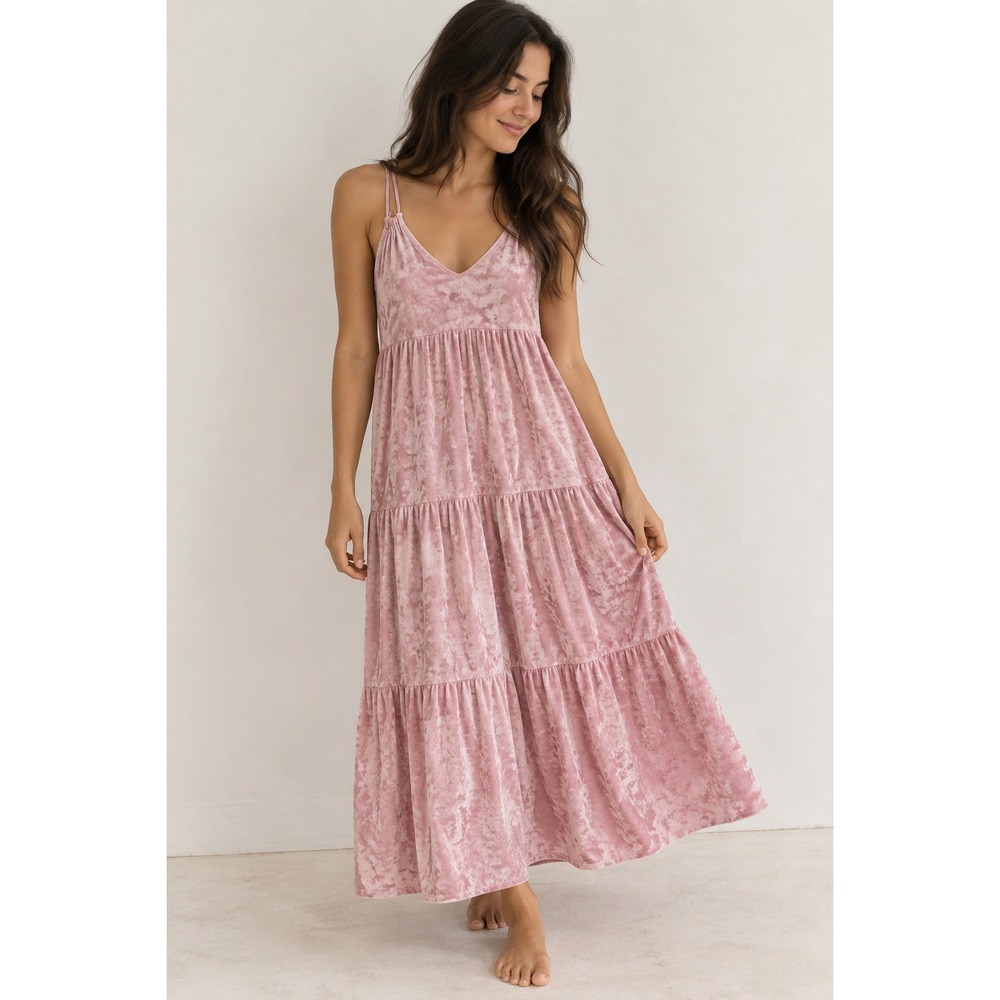 Aerie Pink Crushed Velvet Tiered Maxi Dress V-Neck Boho Sleeveless Size M